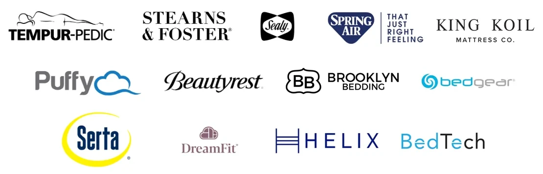 Marcas de colchones en Snooze Mattress + Wellness Brownsville, incluidas Tempur-Pedic, Stearns & Foster, Sealy, Spring Air, King Koil, Puffy, Beautyrest, Brooklyn Bedding, Bedgear, Serta, DreamFit, Helix y BedTech